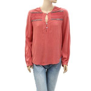 Odd Molly Anthropologie Smocked Beaded Shirt Top Blush Embellished S-1